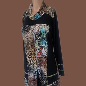 Colorblock Abstract Print Zipper Blouse Cowl Neck Long Sleeve S Desert Casuals